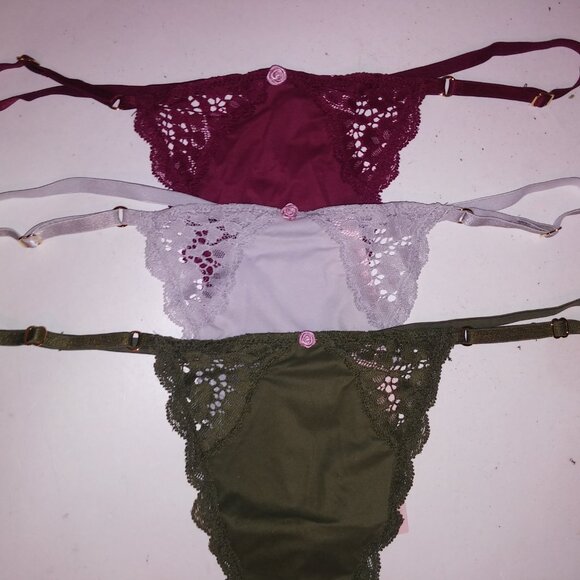 Victoria's Secret Panty Set of 3 Thong V String Burgundy Green Gray Lace  Solid - Picture 5 of 7